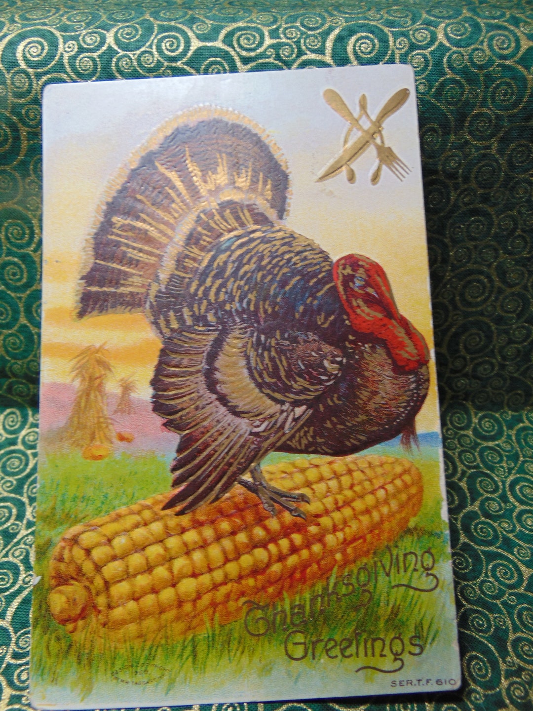 ANTIQUE BEAUTIFUL 1900's Thanksgiving Greeting Turkey on CORN Embossed ...