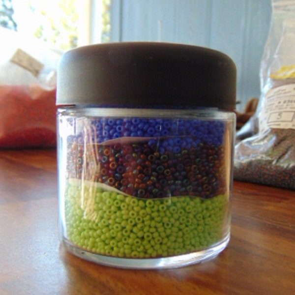 Destashed Percosia Czech Sz 11 Seed Beads 3 Colors & Recycling/Reuse Jar.. Colors: Opaque/Iris.. Opq Pale Green,Iris Rose, Opq Med Blue