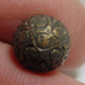 May include: A close-up of a small, round, metal button with a detailed, textured design. The button is a dark bronze color.