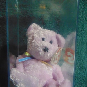 VINTAGE 2002 *Ty Beanie Babies* 10th Anniversary &#39;SHERBET&#39; Pastel Lavender Bear Soft Toy, Ear Tag Protector, in Display Box..never used..#18