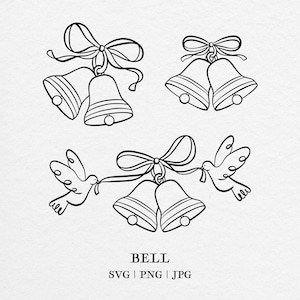 Può includere: Disegno a tratto nero e bianco di campane e colombe. Sono presentati tre disegni: due campane con un fiocco, due campane con un fiocco e due campane con colombe che tengono un nastro sopra le campane. La parola "BELL" è sotto.