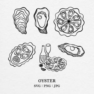 Ostronillustrationsset - Handritade linjekonstillustrationer | SVG, PNG och JPG | Bröllopsinbjudningsclipart | Illustration av skaldjursmeny