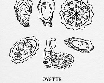 Oyster Illustration Set - Hand Drawn Line Art Illustrations | SVG, PNG & JPG | Wedding Invitation Clipart | Seafood Menu Illustration