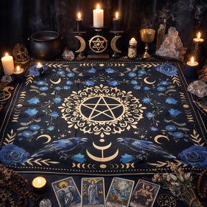 May include: A black tarot cloth featuring a gold pentagram, blue floral patterns, and raven illustrations. The scene includes lit candles, a cauldron, and tarot cards, evoking a mystical ambiance.