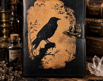 Raven Book of Shadows | Leather Grimoire with Clasp | Aged Deckle Pages