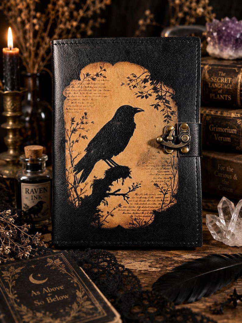 May include: A black leather-bound journal featuring a central tan-colored panel with a silhouette of a crow perched on a branch. The cover includes decorative botanical illustrations, faint script text, and a brass-colored metal latch closure.