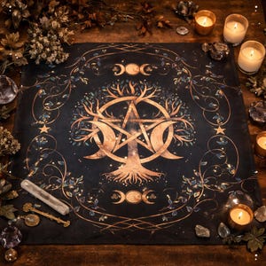 May include: Black altar cloth featuring a gold tree of life design, a pentagram, and crescent moons. The cloth is decorated with gold vines, stars, and small blue leaves. Candles, crystals, and dried foliage surround the cloth.