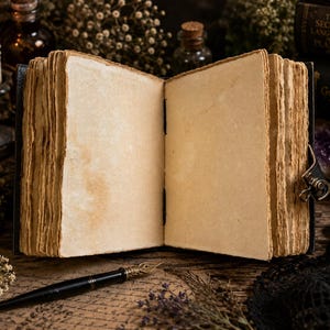 May include: An open journal with thick, cream-colored, deckle-edged paper pages bound in a dark cover with a metal latch. The book is positioned on a surface with a black fountain pen featuring a gold-toned nib resting in the foreground.