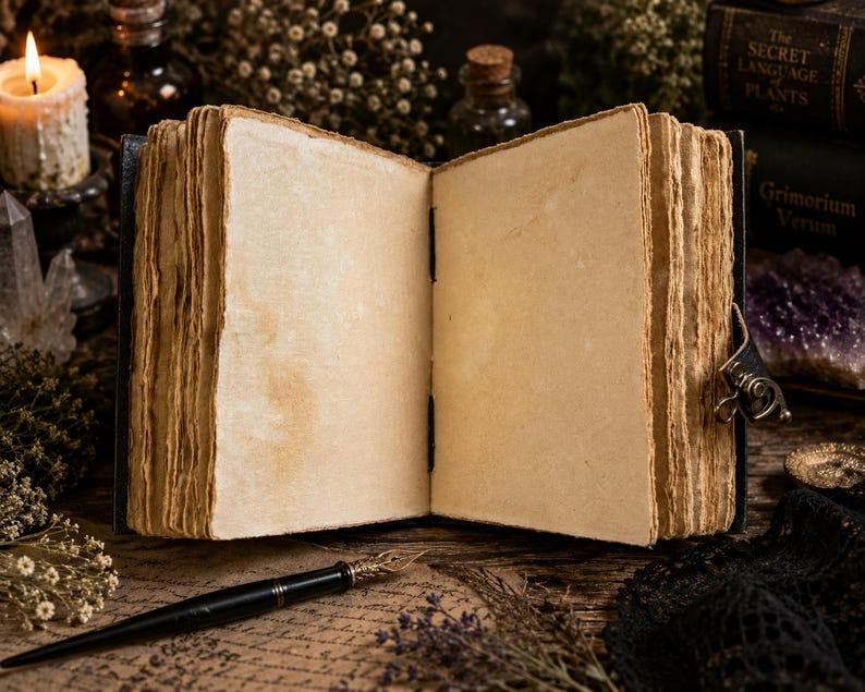 May include: An open journal with thick, cream-colored, deckle-edged paper pages bound in a dark cover with a metal latch. The book is positioned on a surface with a black fountain pen featuring a gold-toned nib resting in the foreground.