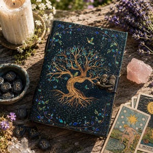 May include: A dark blue journal with a tree of life design, featuring a gold-colored tree with intricate branches and roots. The cover is adorned with leaves, butterflies, and a metal clasp. The journal is surrounded by tarot cards, crystals, and a lit candle.