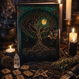 May include: A black leather journal with a tree of life design in green and gold. The journal is closed with a metal clasp. The image also includes lit candles, a crystal, runes, and a dagger, creating a mystical theme.