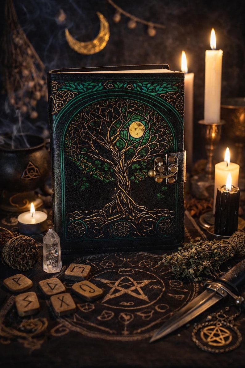 May include: A black leather journal with a tree of life design in green and gold. The journal is closed with a metal clasp. The image also includes lit candles, a crystal, runes, and a dagger, creating a mystical theme.