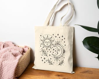 Sun and Moon Illustration Tote Bag | Celestial Boho Stars