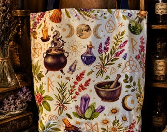 Witchy Herbs & Crystals Tote Bag-White | Potion Cauldron Moon Botanical Pattern