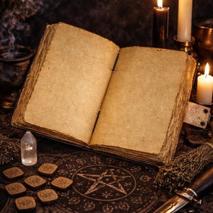 May include: An open, aged book with blank pages sits on a dark cloth adorned with a pentagram and other mystical symbols. Lit candles, a crystal, and wooden runes surround the book, creating a mystical and occult theme.
