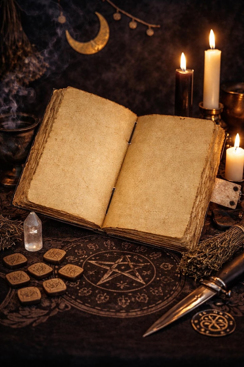 May include: An open, aged book with blank pages sits on a dark cloth adorned with a pentagram and other mystical symbols. Lit candles, a crystal, and wooden runes surround the book, creating a mystical and occult theme.