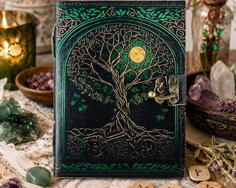 Tree of Life • Full Moon Grimoire | Leather Cover Journal with Aged Deckle Pages