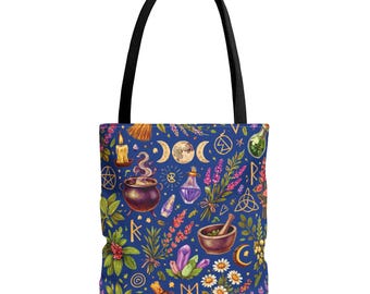 Witchy Herbs & Crystals Tote Bag - Blue | Potion Cauldron Moon Botanical Pattern
