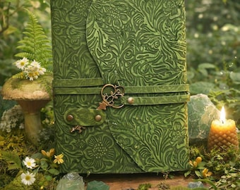 Enchanted Forest Grimoire, Spell Journal - Leather Cover with Key & White Deckle Pages