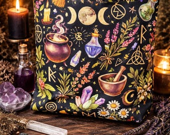Witchy Herbs & Crystals Tote Bag - Black | Potion Cauldron Moon Botanical Pattern