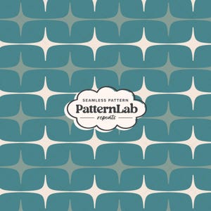 May include: A seamless retro pattern design. The pattern shows repeating starburst shapes in white, teal, and grey, on a teal background. The text "Seamless Pattern PatternLab repeats" is in a white cloud-shaped graphic.
