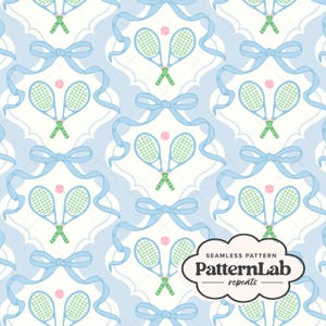 May include: Seamless pattern featuring tennis rackets, tennis balls, and bows in a repeating design. The rackets are light blue with green handles, and the tennis balls are pink. The bows and ribbons are light blue, set against a white and light blue background.