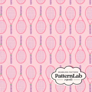 May include: Seamless pattern featuring pink tennis rackets on a light pink background. The rackets have purple handles and green accents. The design is repeated across the image. The text "SEAMLESS PATTERN PatternLab repeats" is in a white cloud-shaped graphic.