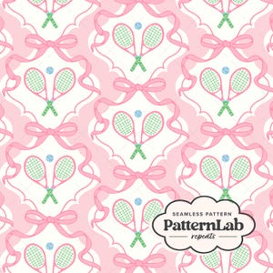 May include: Seamless pattern featuring pink tennis rackets, tennis balls, and bows on a white and pink background. The design includes repeating elements of rackets, balls, and bows, creating a playful and sporty aesthetic. The pattern is labeled "PatternLab repeats".