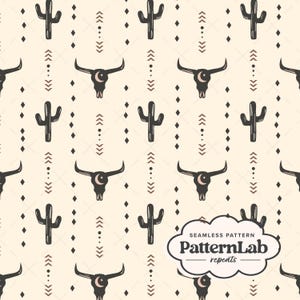 May include: Seamless pattern featuring a repeating design of black cacti, bull skulls with crescent moons, arrows, and diamonds on a cream background. The pattern is labeled "PatternLab repeats".