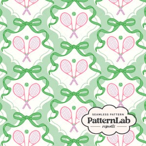 May include: Seamless pattern featuring pink tennis rackets and green tennis balls on a light green background. The design includes green bows and ribbons, with the text "PatternLab repeats" in a white cloud-shaped graphic.
