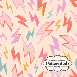 Puede incluir: Patrón sin costuras con rayos de colores rosa, coral, amarillo y azul sobre un fondo melocotón claro. El diseño incluye el texto "PatternLab repeats" en un logotipo en forma de nube.