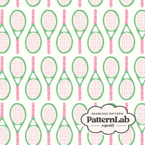 May include: Seamless pattern featuring green tennis rackets with pink handles and strings, arranged on a white background. The rackets are evenly spaced, creating a repeating design. The text "SEAMLESS PATTERN PatternLab repeats" is in the bottom right corner.