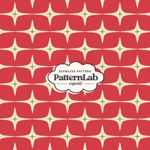 May include: Seamless pattern with a retro design. The pattern features repeating starburst shapes in off-white with green centers, set against a red background. The PatternLab logo is in a cloud shape in the lower right corner.