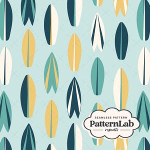 May include: Seamless pattern featuring a repeating design of colorful surfboards in shades of blue, yellow, and white. The surfboards are arranged on a light blue background with a subtle crosshatch pattern. The image includes the text "Seamless Pattern" and "PatternLab repeats".