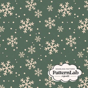 May include: Seamless pattern featuring beige snowflakes and small dots on a dark green background. The snowflakes vary in size and are evenly spaced. The pattern includes the text "PatternLab repeats".