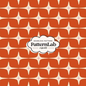May include: Seamless pattern with a retro design. The pattern features a repeating design of starburst shapes in off-white and pink on a burnt orange background. The PatternLab logo is in a cloud shape.