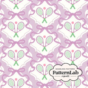 May include: Seamless pattern featuring tennis rackets, tennis balls, and bows in a repeating design. The rackets are pink with green handles, and the tennis balls are pink. The bows and ribbons are a soft purple color. The background is a light purple and white.