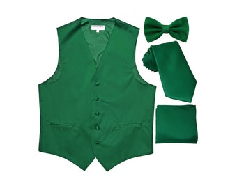 Mens Dress Vest /& Bowtie Emerald Green Color Vertical Stripe Design Bow Tie Set