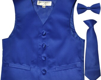 Boy's Solid Royal Blue Polyester Vest with Necktie and Bowtie, for Formal Occasions