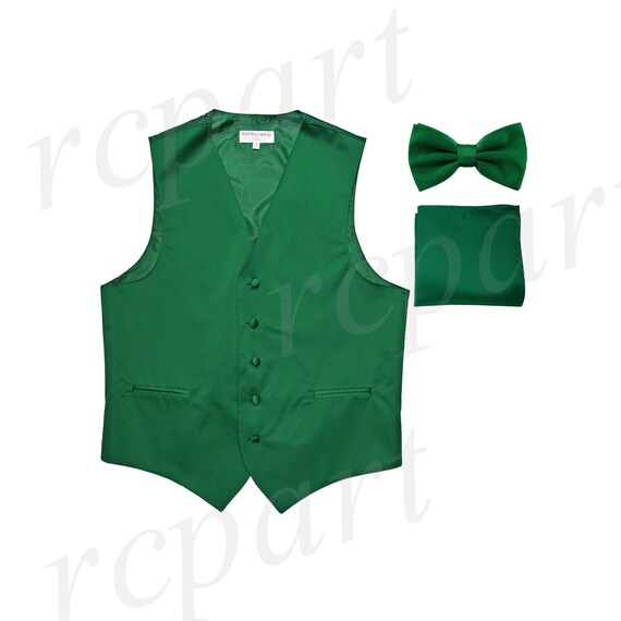 New formal men/'s pre tied Bow tie /& Pocket Square Hankie stripes emerald green
