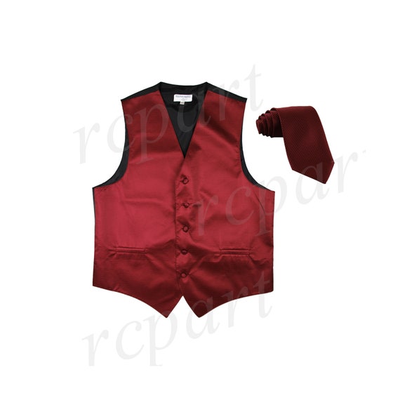 New men's tuxedo vest waistcoat & neck tie horizontal stripes formal burgundy 