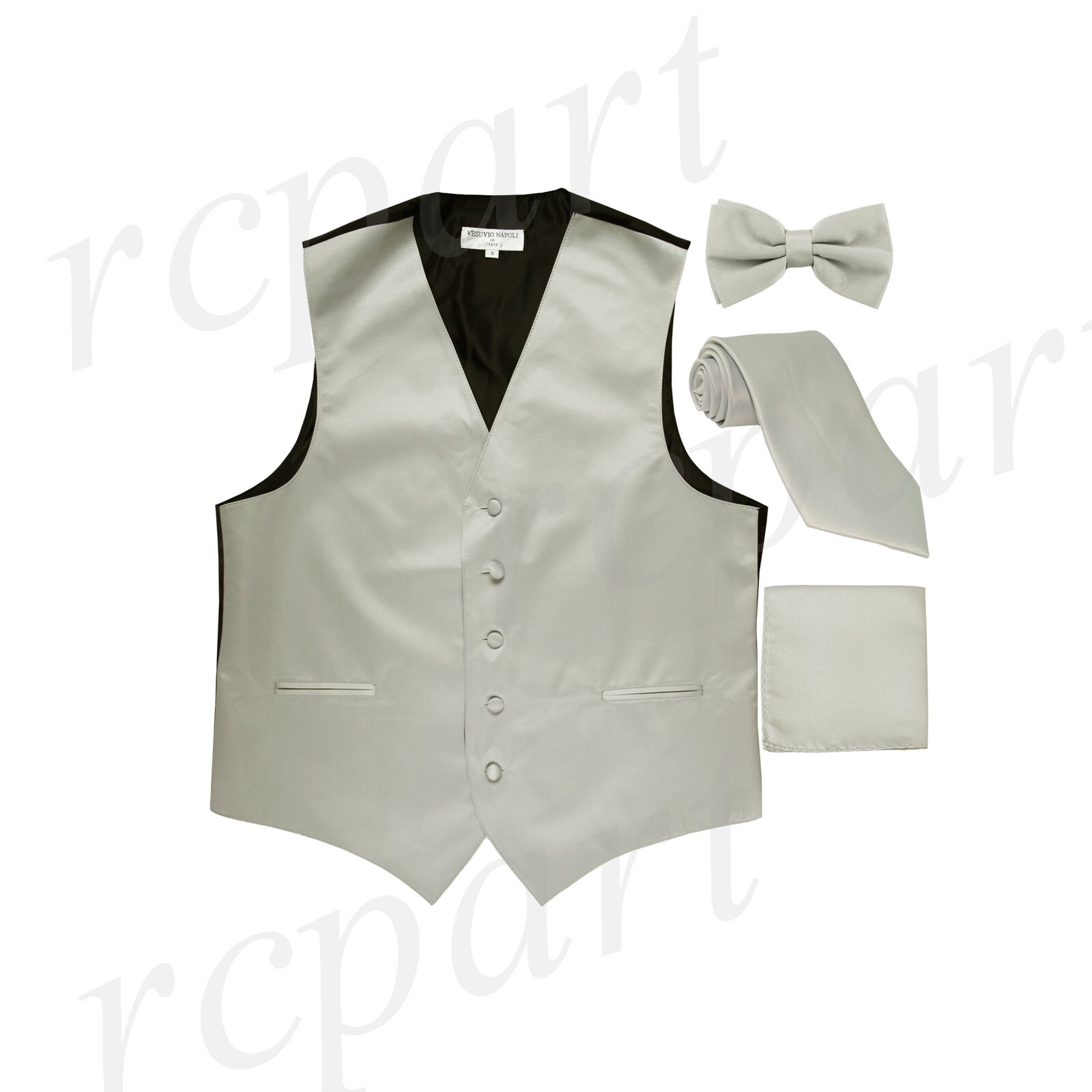 New Men's solid Tuxedo Vest Waistcoat & necktie & Bow tie & Hankie silver gray 