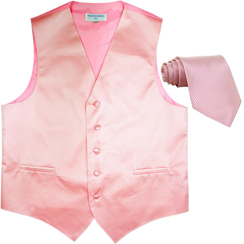 Men/'s Horizontal Striped Pink Polyester Tuxedo Vest with Self Tie Necktie for Formal Occasions 2010