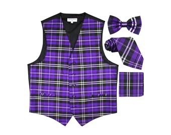 Men's Plaid Black Purple White Polyester Tuxedo Vest with Self Tie Necktie, Pre-Tied Bowtie, and Handkerchief, for Formal Occasions