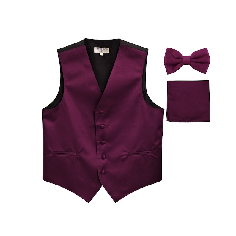Men/'s Solid Dark Purple Polyester Vest with Pre-Tied Bowtie and Handkerchief for Formal Occasions