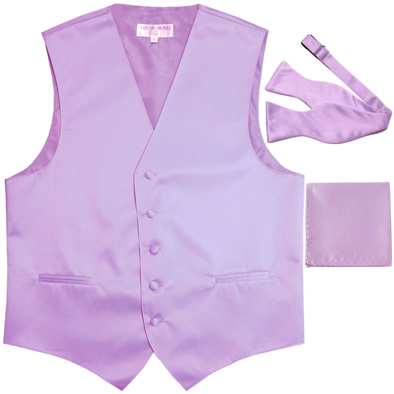 for Formal Occasions Men/'s Solid Lavender Polyester Vest with Self Tie Bowtie and Handkerchief