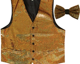 Men's Sequins Gold Polyester Vest with Pre-Tied Bowtie, for Formal Occasions