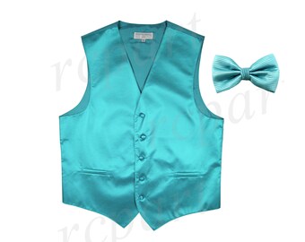 New men's tuxedo vest waistcoat & bow tie horizontal stripe prom turquoise blue New men's tuxedo vest waistcoat & bow tie horizontal stripe prom turquoise blue