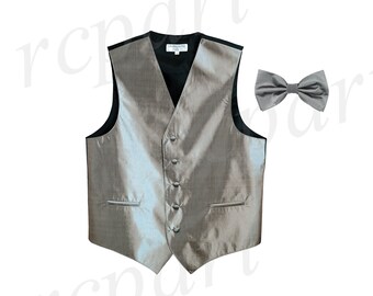 New Men's chintz Tuxedo Vest Waistcoat & necktie & Bow tie & Hankie silver gray 