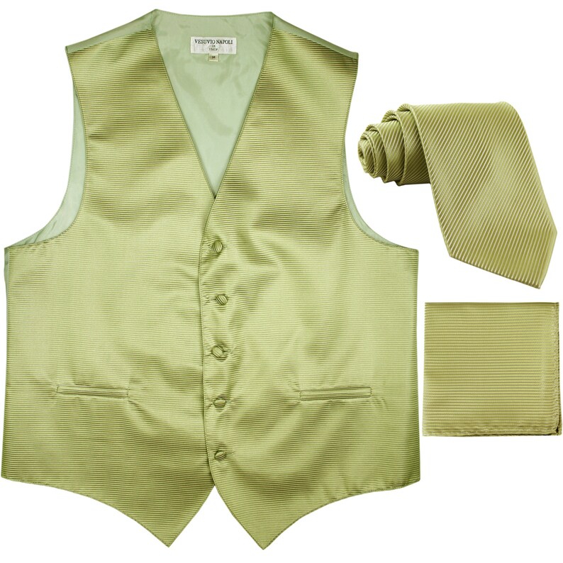 for Formal Occasions 2010 Men/'s Horizontal Striped Sage Green Polyester Tuxedo Vest with Self Tie Necktie and Handkerchief